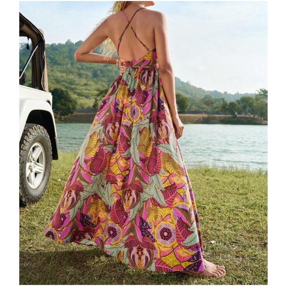 Boho Tropical Print Criss Cross Maxi Dress - Picture 2 of 4